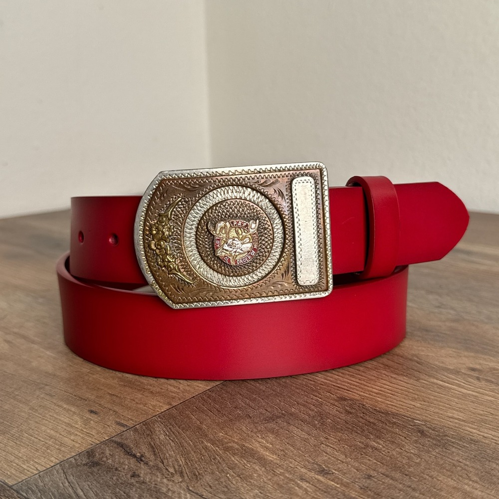 Vintage Western Leather Belt Loyal Order of Moose PAP Trophy Buckle Red Mens 40